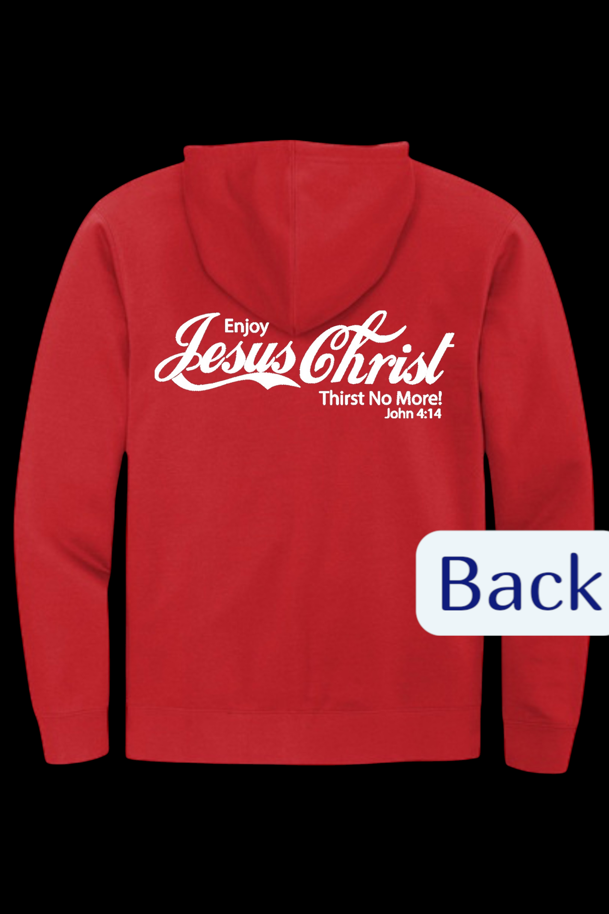 Red hoodie with text on the back, displayed against a black background