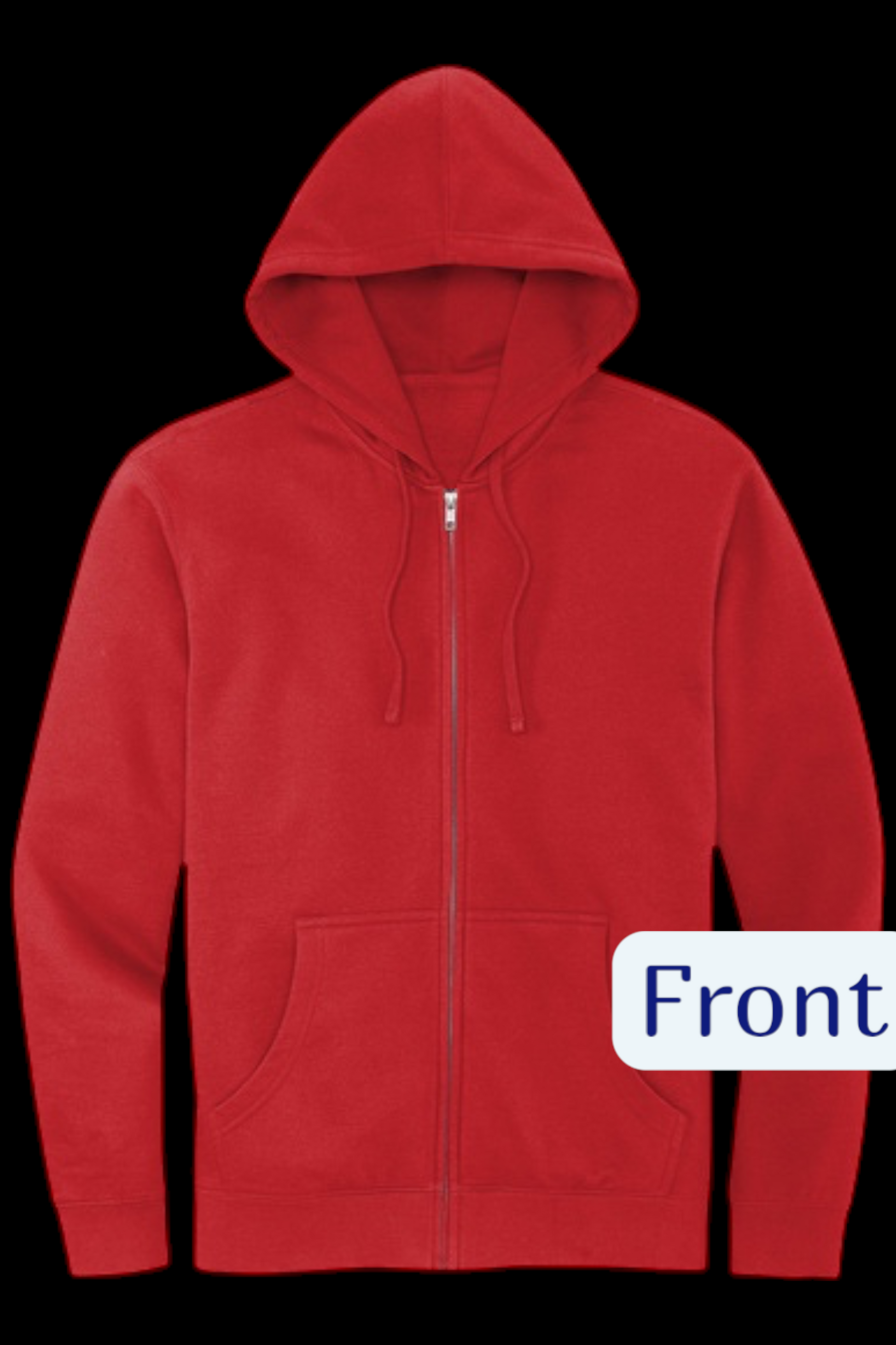 Red hoodie with a front view label on a black background