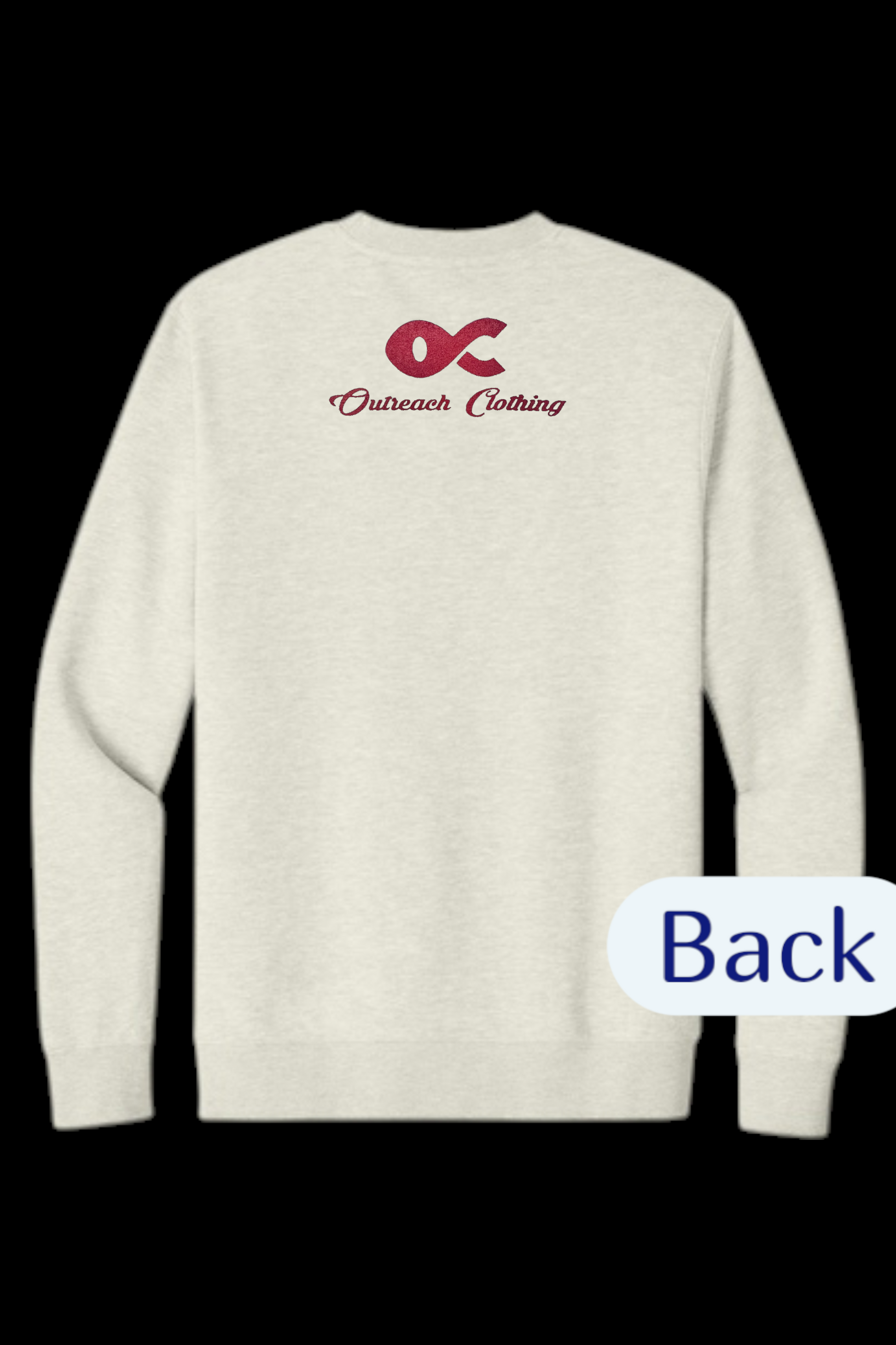 White sweatshirt with a logo on the back against a black background