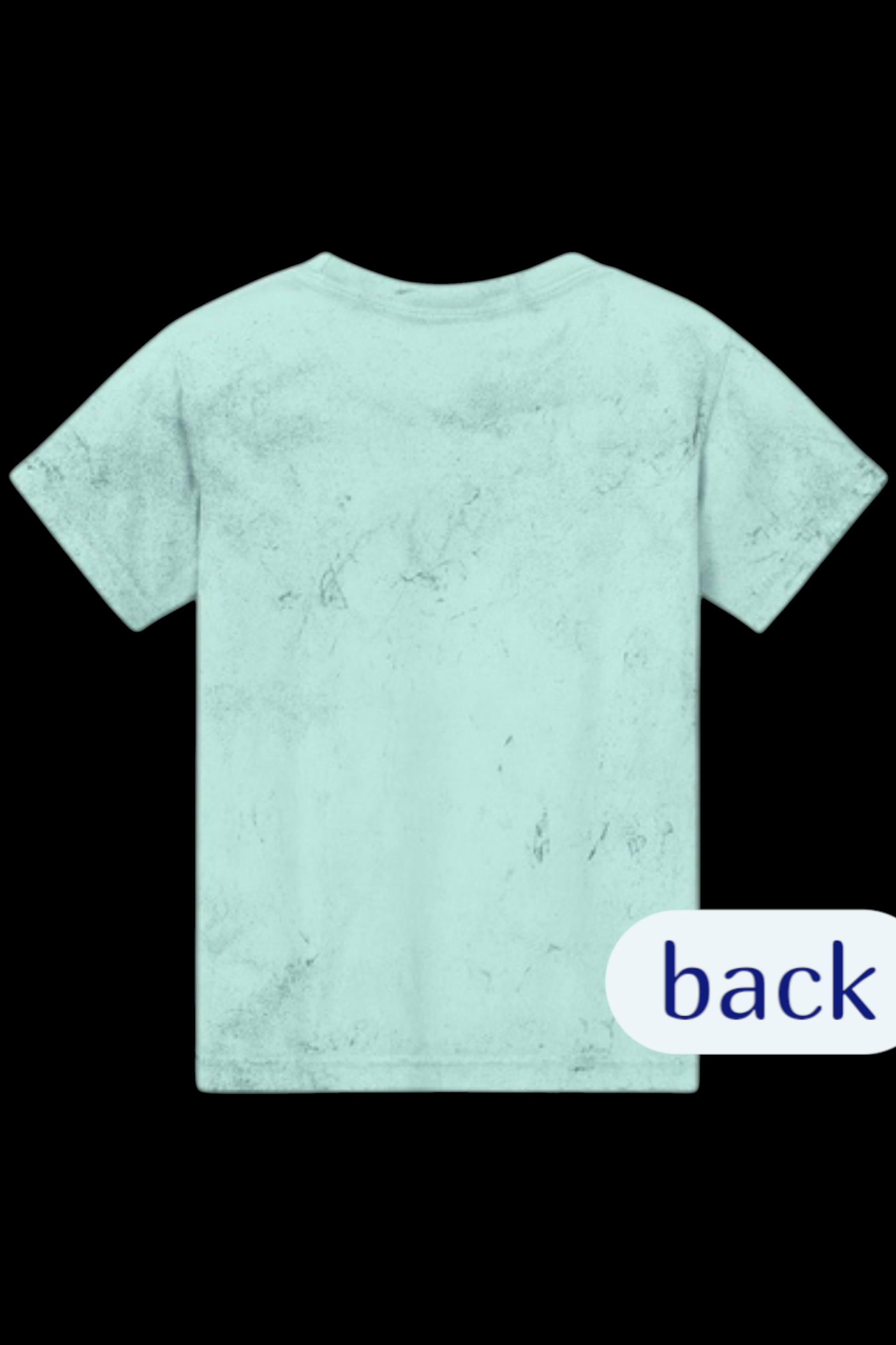 Light blue t-shirt on a black background with 'back' label.