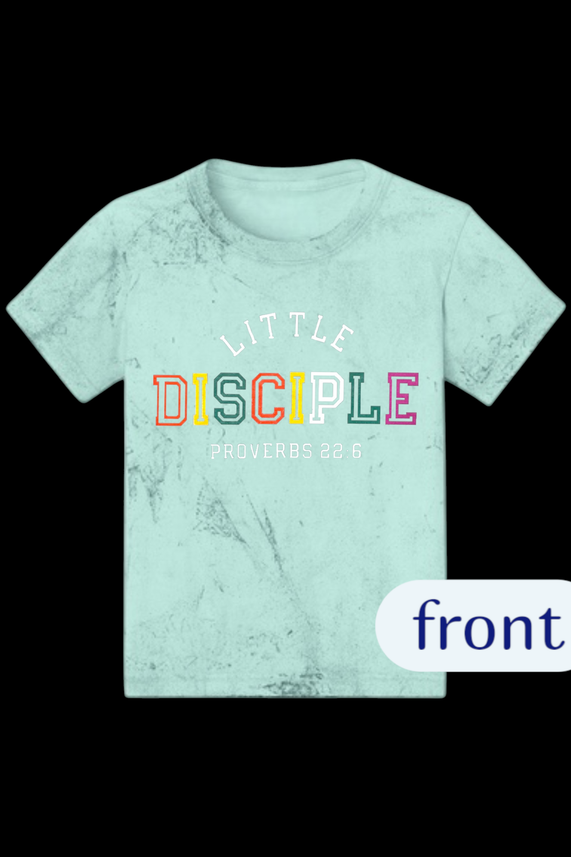 Light blue t-shirt with 'Little Disciple' text on a black background