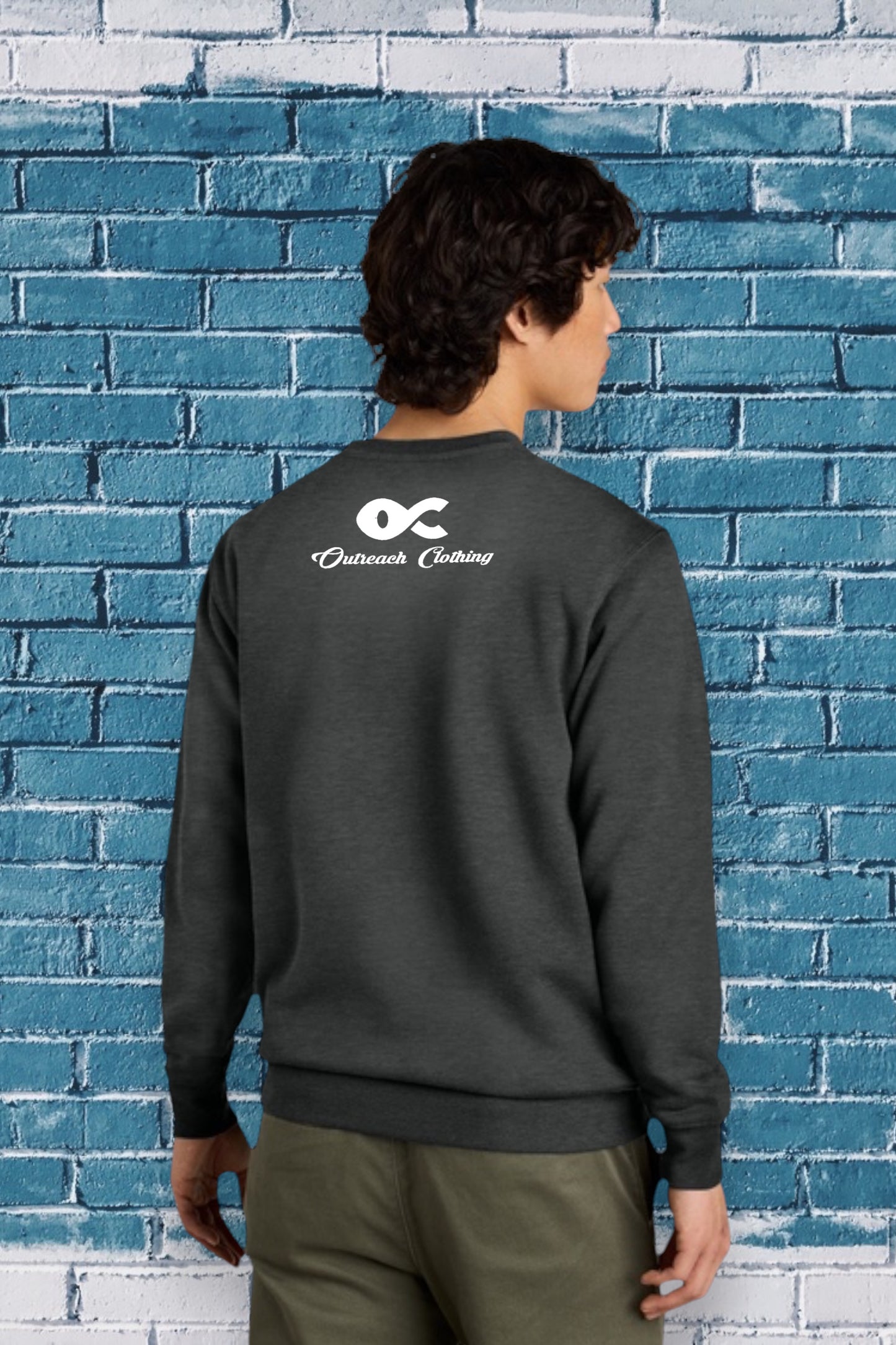 back of sweater Navy blue sweatshirt with the Bible verse “I CAN DO ALL THINGS Through Christ WHO STRENGTHENS ME PHILIPPIANS 4:13” printed in yellow and white, featuring “Christ” in large cursive font.
