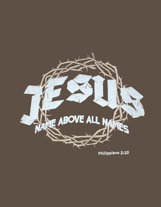 Espresso t-shirt with yellow thorn crown and white Jesus text